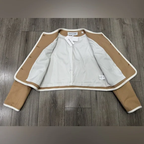 Veronica Beard Beale Contrast Detail Cotton Blend Tweed Jacket in Khaki Size 14 - Picture 12 of 14